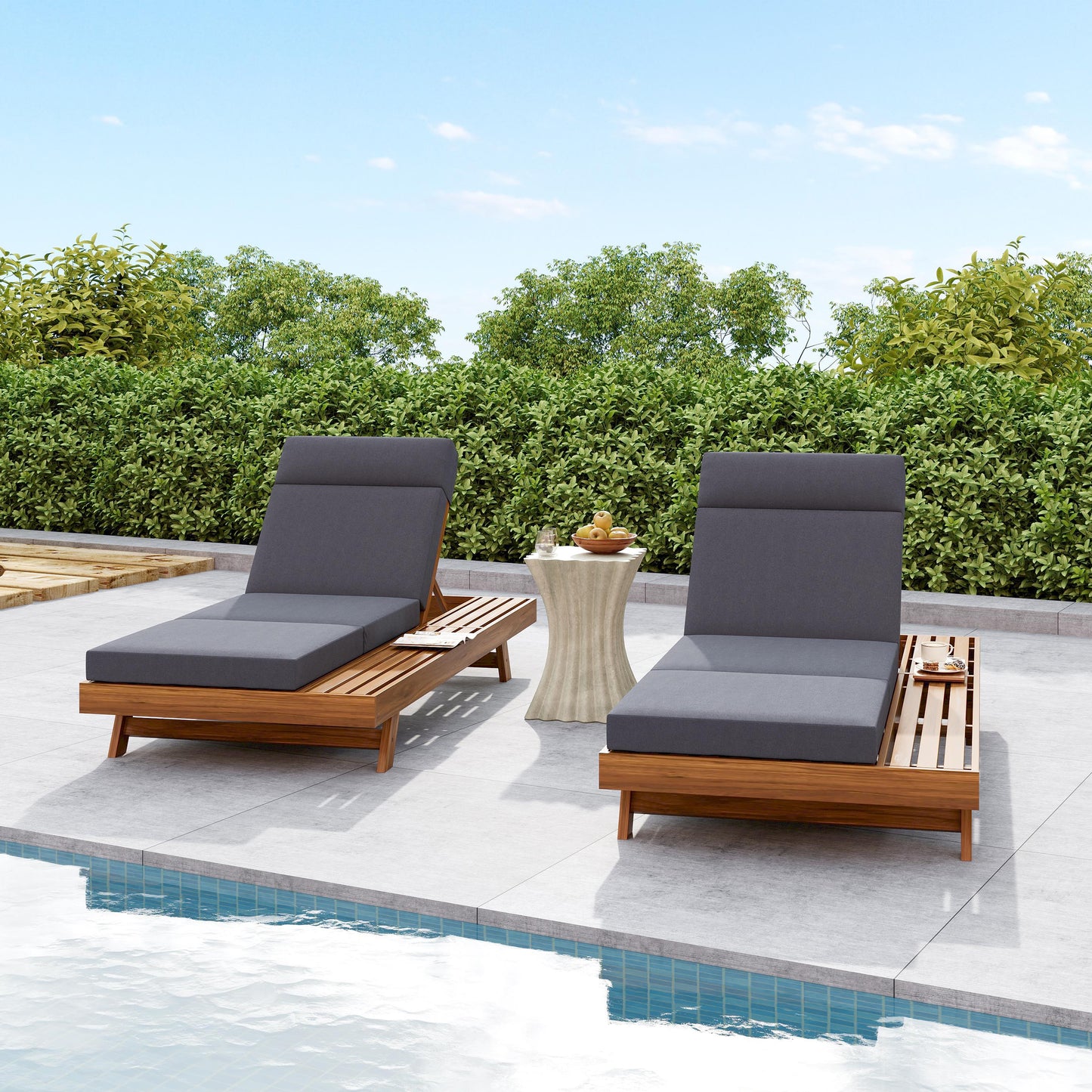 LOUNGE CHAISE SET WITH HEADREST,SPACE AVAILABLE ON ONE SIDE, ACACIA WOOD WITH WATER-RESISTANT LOUNGE CUSHIONS  DARK GREY & 3-FOLD & 4 Inch  - MATCHING CREAM BEIGE VERSION AVAILABLE