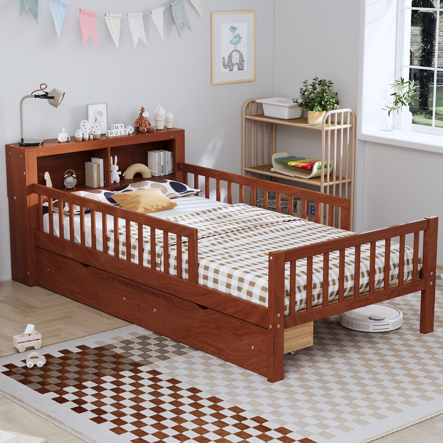 Twin Size Bed With Headboard Storage Rack, Two Under-Bed Drawers, Three-Side Guardrails For Safety And Security,Walnut
