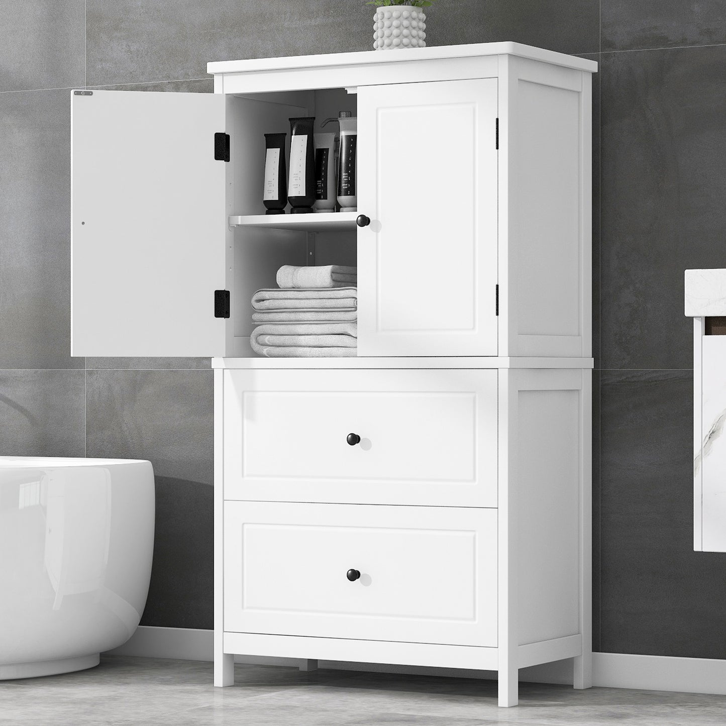Bathroom Storage Cabinet, Cabinet With Two Doors And Drawers, Adjustable Shelf, MDF Board, White