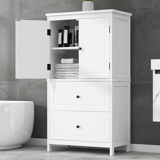 Bathroom Storage Cabinet, Cabinet With Two Doors And Drawers, Adjustable Shelf, MDF Board, White