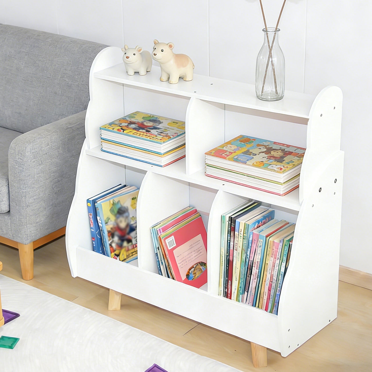 3 Tier Kids Bookshelf Toy Storage Organizer Toddler Bookcase With 5 Open Storage Boxes Curved Design Solid Wood Legs For Nursery Living Room Playroom White