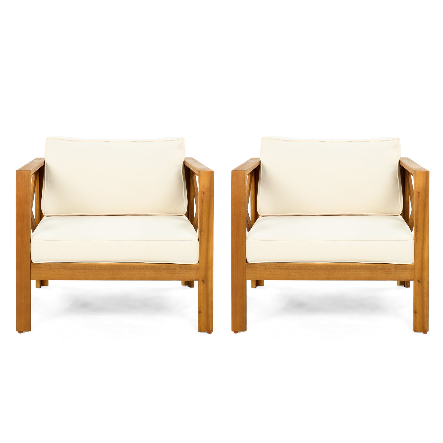 Outdoor Acacia Wood Club Wooden Armchair With Cushions  Set Of 2 , Conversation Set,Teak Finish,Beige Cushion