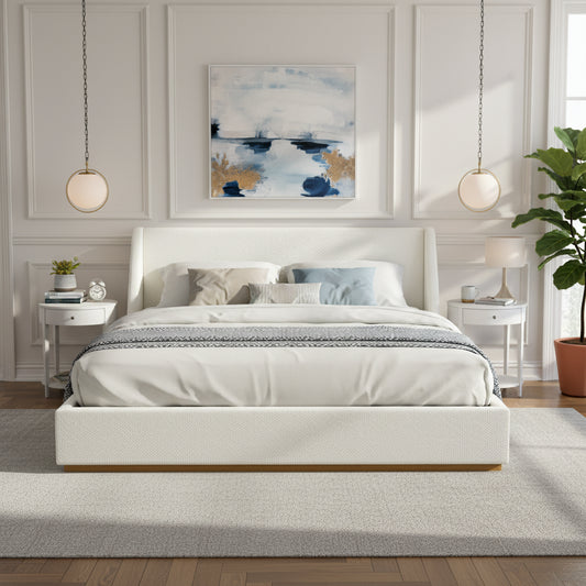Luxury Upholstered Bed With Wings, White, King