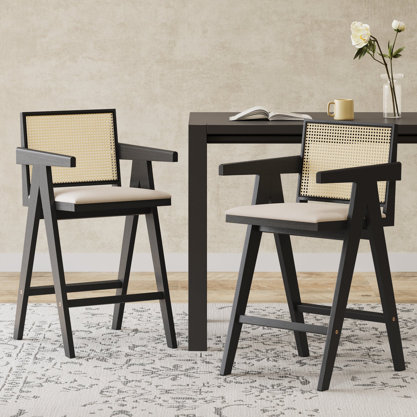 27 Height, Cream Grey Woven Cane Plastic Backrest Bar Stool - Foam-Padded Fabric Seat & Durable Rubberwood Frame