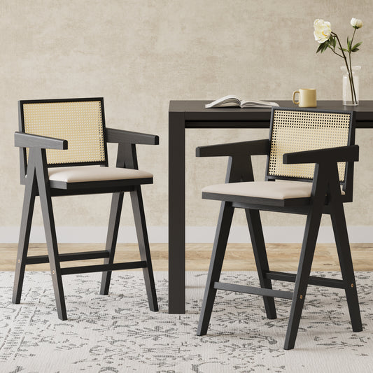 27 Height, Cream Grey Woven Cane Plastic Backrest Bar Stool - Foam-Padded Fabric Seat & Durable Rubberwood Frame
