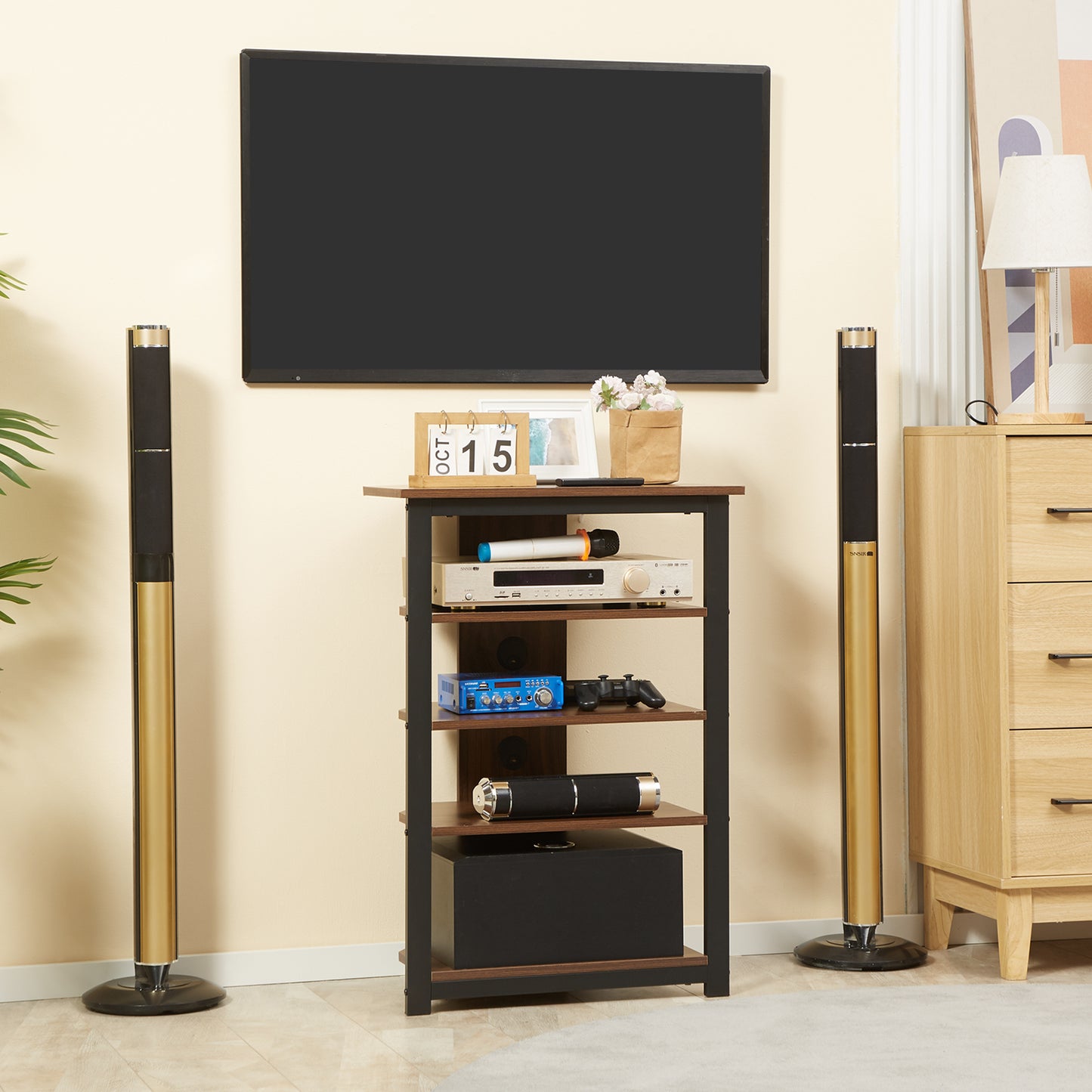 Media Stand With 4-Tier Audio Rack AV Media Corner Shelf With Cable Management For DVD Players Game Console TV Box Cable Box Xbox WiFi Router, Brown