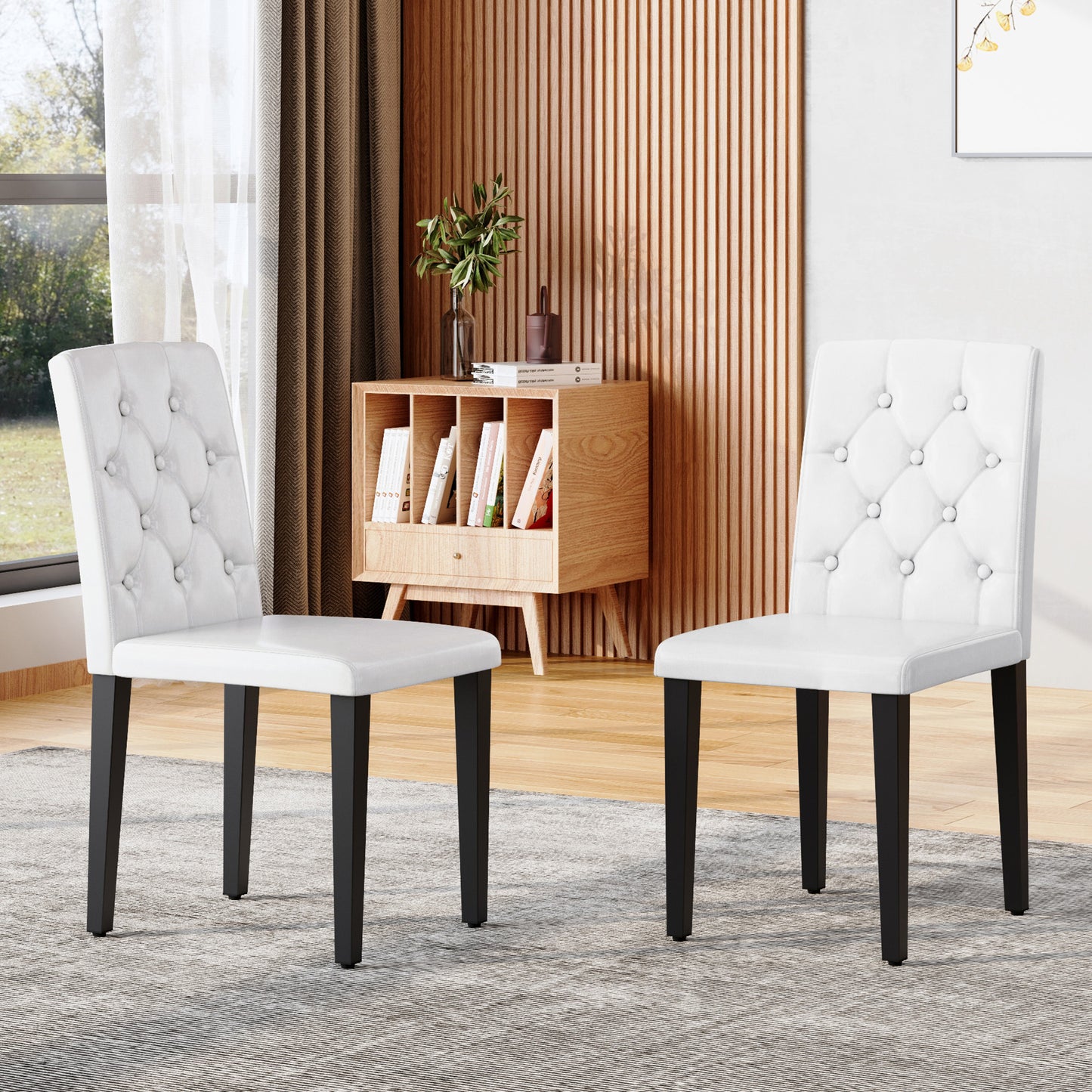 2-pack White PU Dining Chairs Ergonomic Buckle Backrest, 35 Inches High, Black Metal Legs,Combines Comfort And Texture.Perfectly Suitable For Family Dining Rooms, Hotel Banquet Halls,etc.