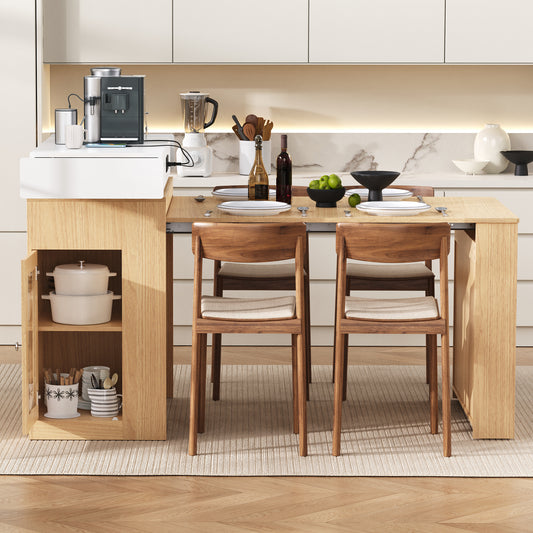 VIDEO TREXM Extendable Dining Table With Folding Tabletop  Bar Table With Drawers And Power Outlet  Kitchen Island With Wheels And Hooks  Sideboard For Kitchen And Dining Room  Natural Creamy White