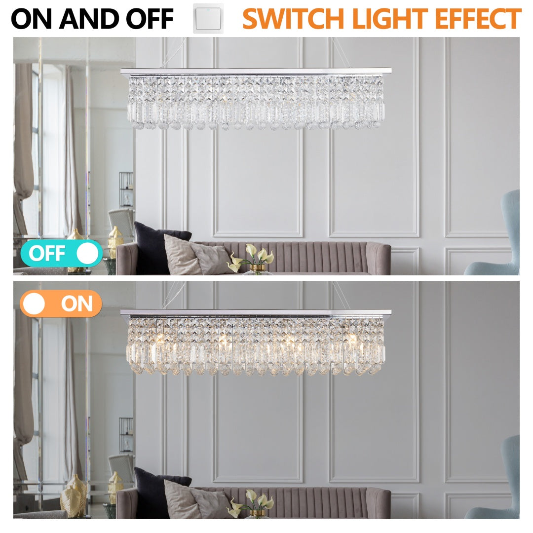 Modern Crystal Chandelier For Dining Room 8-Light White Rectangle Raindrop Chandelier Contemporary Rectangular Pendant Light Fixture For Kitchen Island Bar L39.4  X W9.8  X H8.7  Bulb Not Included