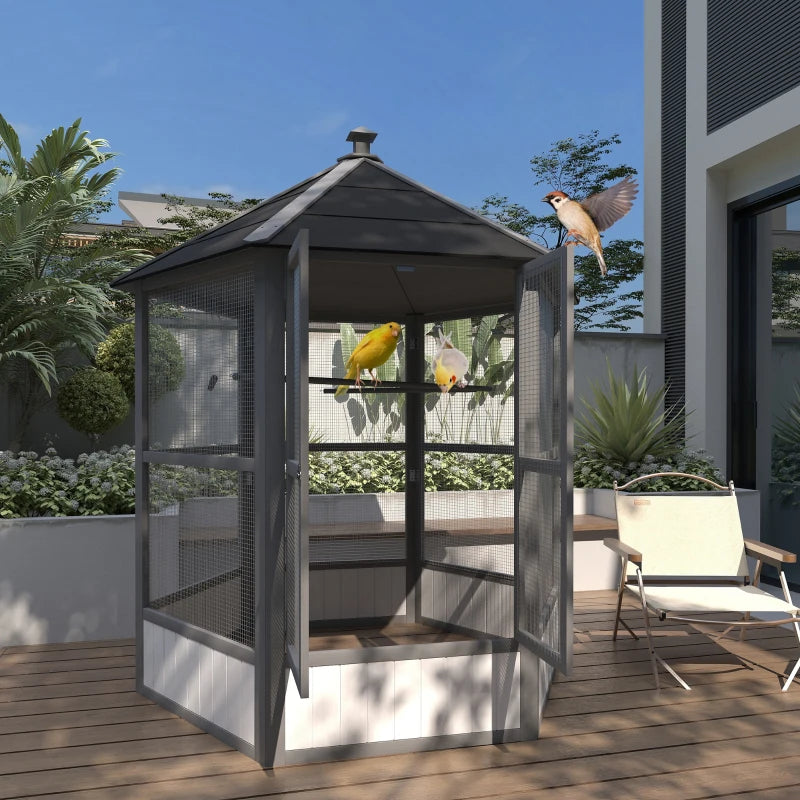 69 Wooden Hexagonal Outdoor Aviary Flight Bird Cage With Covered Roof, Light Gray