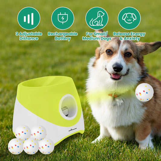 Automatic Dog Ball Launcher Rechargeable Interactive Pet Ball Thrower For Small Medium Dogs Interactive Dog Fetch Toy With 3 Adjustable Distance Settings 6Pcs 2.3in Balls