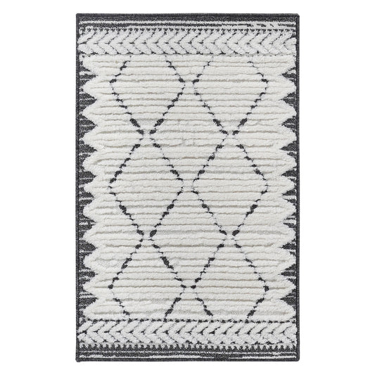 Step Collection High-Low Trellis Cream Anthracite Indoor Area Rug, 2'x3', Modern, Contemporary, Geometric, Bohemian, Bedroom, Kitchen, Living Room, Doormat, Non Shedding Carpet