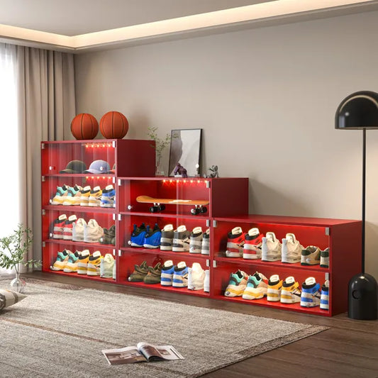 Red Glass Door Shoe Box Shoe Storage Cabinet For Sneakers With RGB Led Light - Single