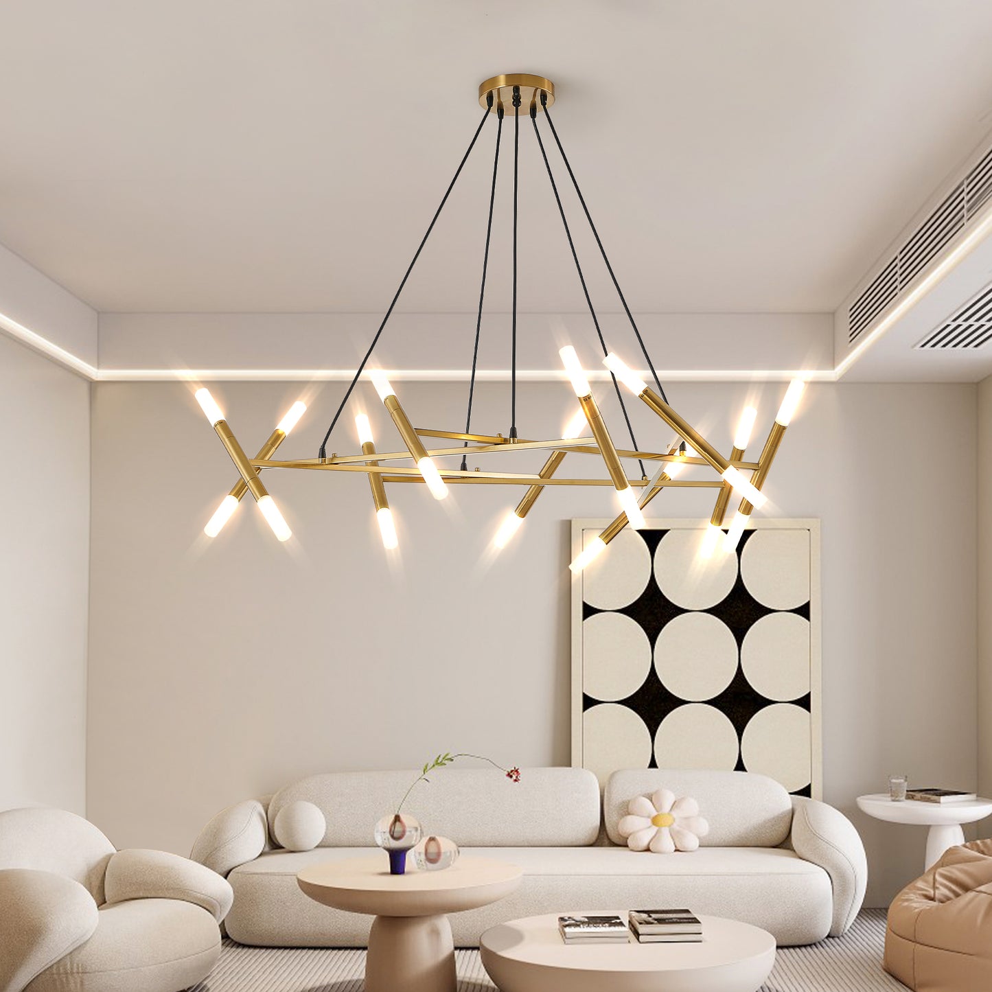 41  Golden Modern Chandelier Light Fixture, Branch Design With Frosted Tubes, Black Cords, Adjustable Height Pendant Light For Dining Room, Living Room, Or Kitchen Island Bulb Not Included