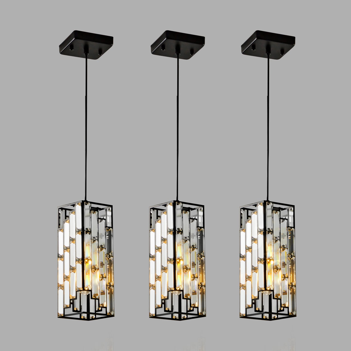 4in Modern Crystal Pendant Light - 3 Pack, Adjustable Hanging Ceiling Lamp With Crystal Prism Design For Dining Room, Kitchen Island, And Living Room -Black Finish