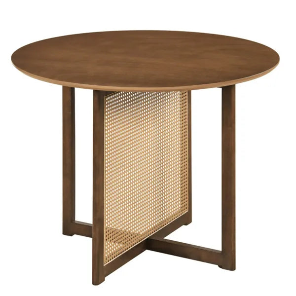 37.5" Round Dining Table For 2-4 People, Mid-Century Modern Kitchen Table With PE Rattan & Rubber Wood Legs