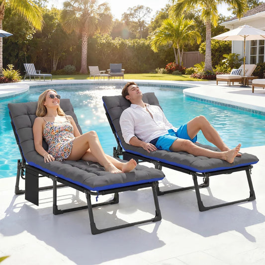 Folding Chaise Lounge Chair Outdoor Tanning Chair Set Of 2 With 5Position Backrest, Cushions, Side Pocket Five-position Adjustable Backrest