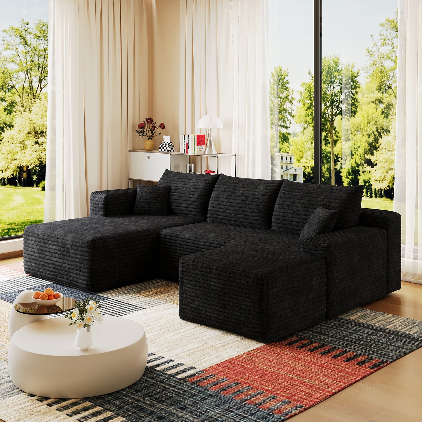 95  Cloud Sectional Sofa With 1 Ottoman,Modern Minimalist Upholstered Couches, Comfort U Shaped Sofa For Living Room,Deep Seat Corner Couch,No Assembly Required,Black  Plush Corduroy Fabric