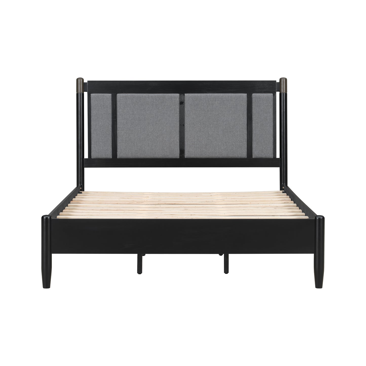 Solid Wood Queen Bed, Heavy Duty 500 Lbs Support, No Box Spring Needed, Black Upholstered Headboard With Metal Handles