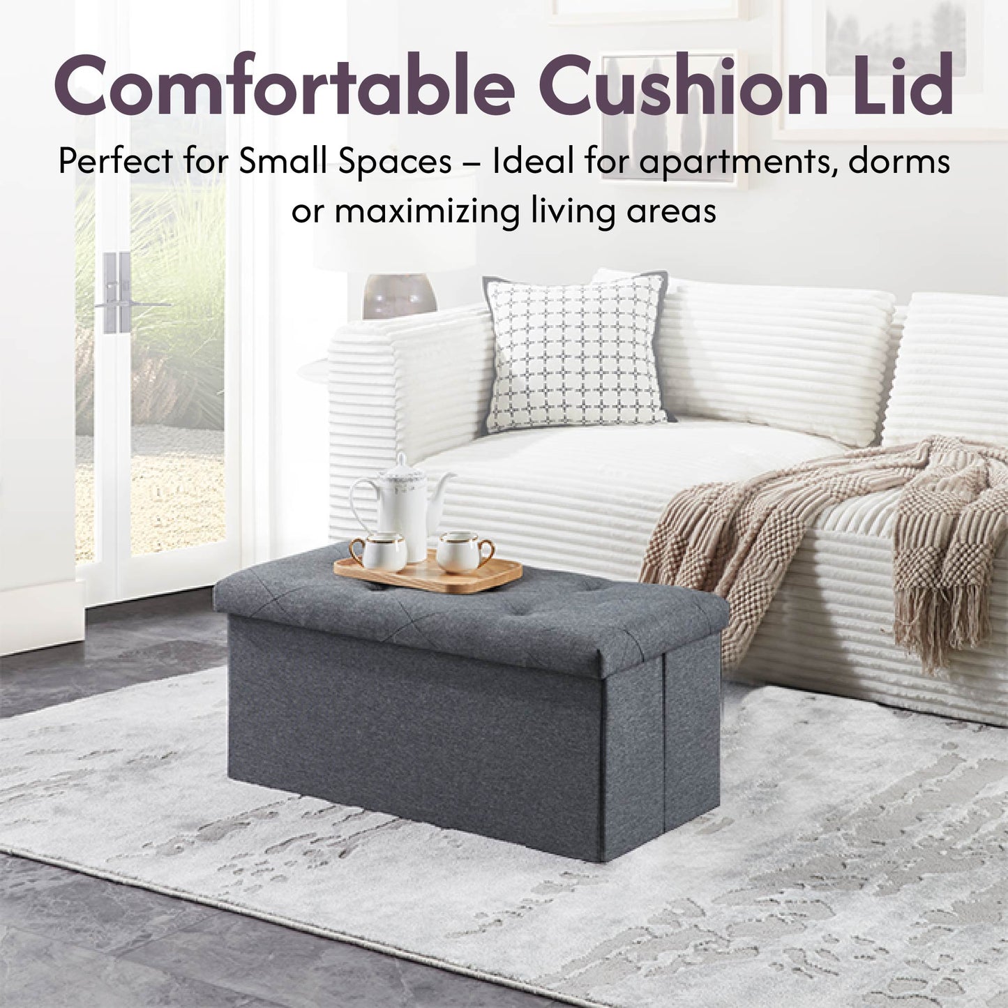 Folding Storage Ottoman Bench, Ottoman Foot Rest, End Of Bed Bench, Storage Chest,  For Living Room, Bedroom, Entryway, 30 Inches, Gray