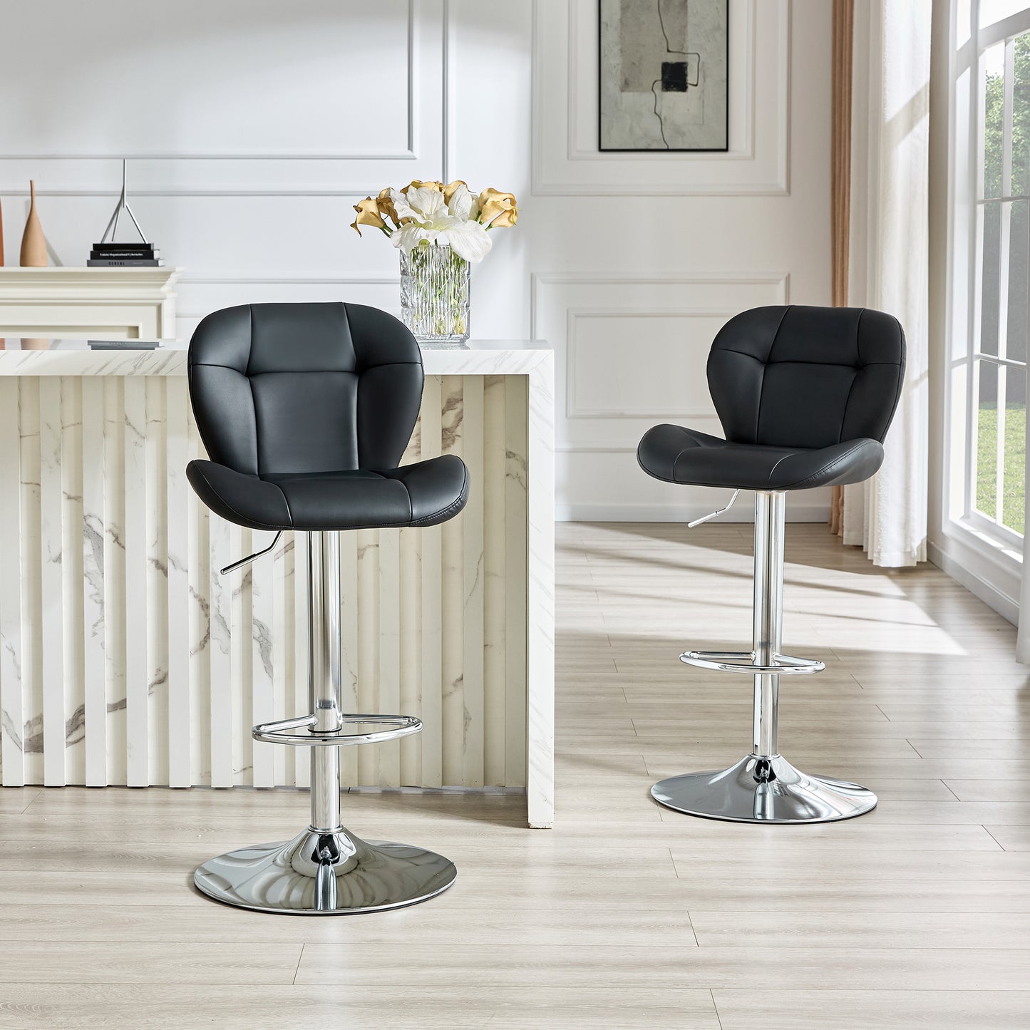 Set Of 2 Height Adjustable Bar Stools, Black PU Upholstered Tufted Back Chairs With Chrome-Plated Metal Base & Footrest For Kitchen Island, Bar, Pub