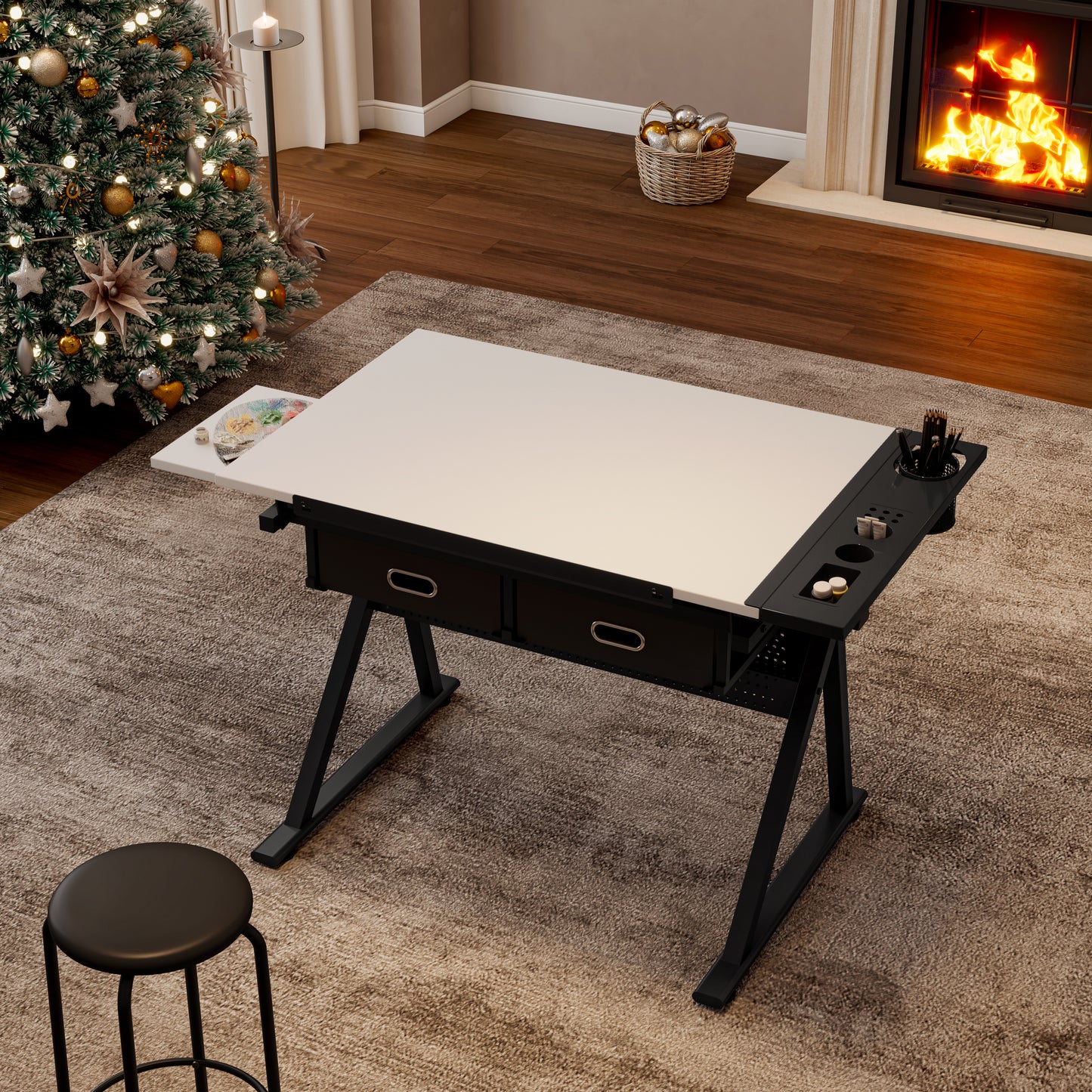 Adjustable Drawing Drafting Table Desk With 2 Drawers For Home Office And School With Stool White