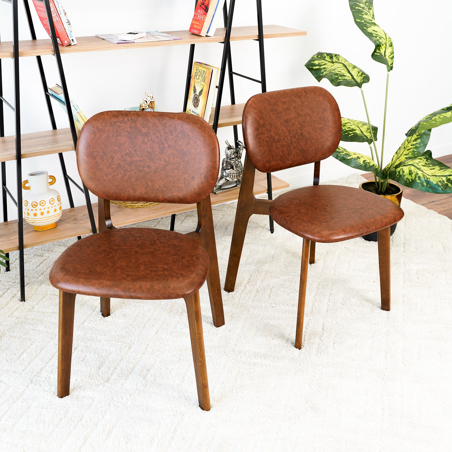 Hot Sell Kelsey Brown Leather Dining Chair   Set Of 2   With Solid Wood Base And Mid-Century Modern Design 18.1  W X 21.1  D X 31.7  H For Living Room Bedroom Outdoor