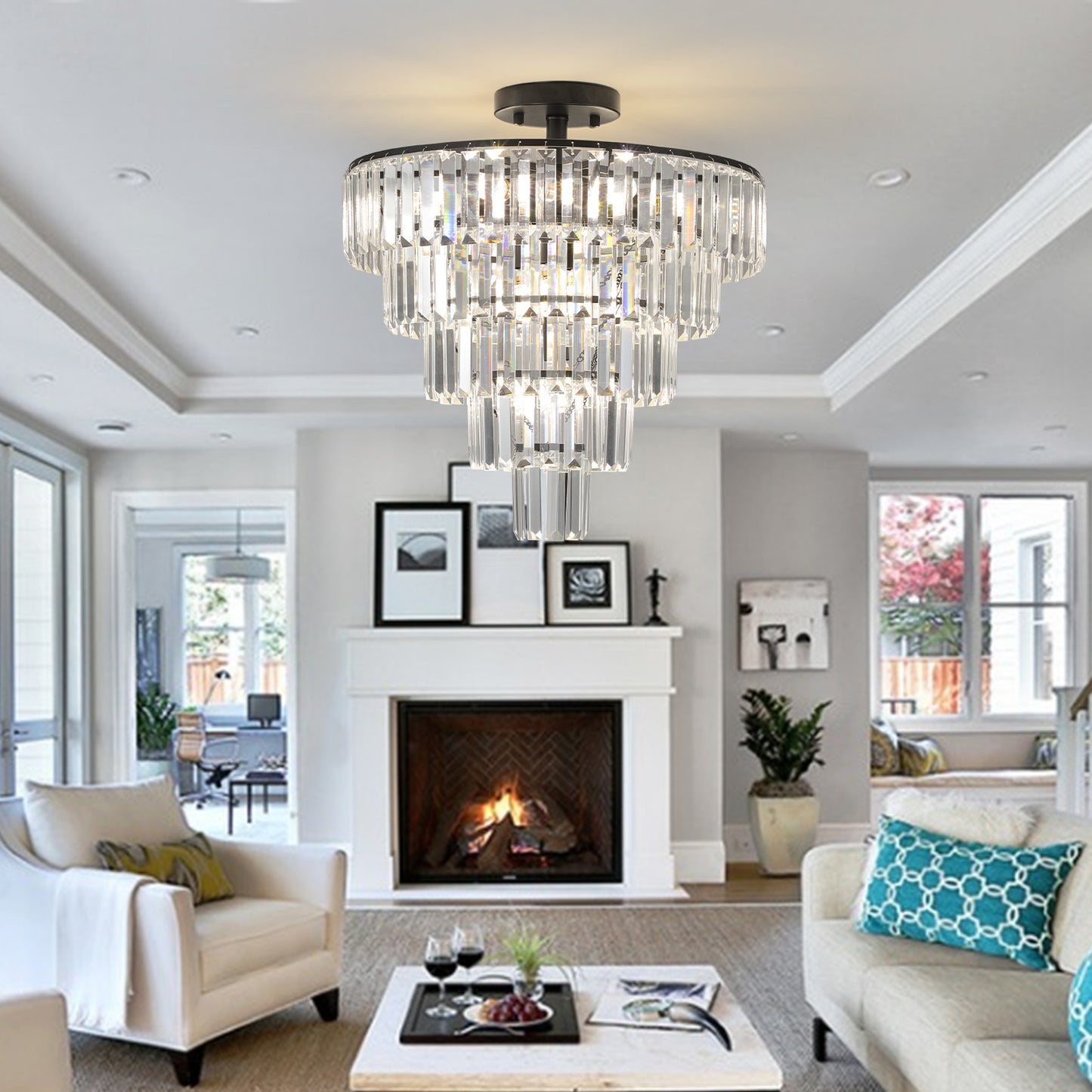 20  Black Crystal Chandelier Ceiling Light, Modern Luxury 10-Light Flush Mount Light Fixture, Elegant Home Lighting For Living Room, Dining Room, Bedroom  No Bulbs