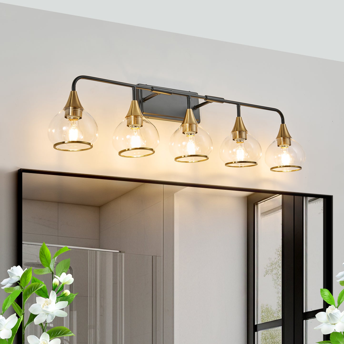 40in Modern 5-Light Vanity Wall Sconce - Black And Gold Bathroom Light Fixture With Clear Glass Shades, Industrial Wall Mounted Lamp For Mirror, Vanity, And Living Spaces  Bulb Not Included