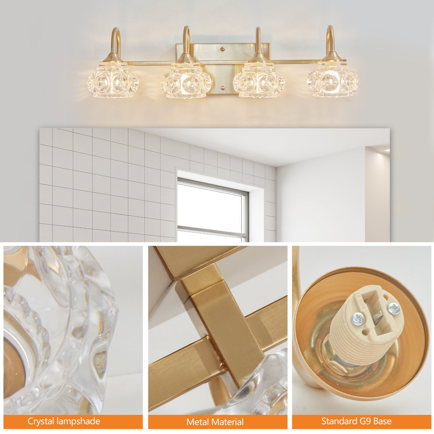 23  Modern Crystal Bathroom Vanity Light, 4-Light Golden Wall Sconce With Clear Glass Shade, Elegant Wall Mount Lighting For Bathroom, Powder Room, Or Vanity Mirror  No Bulbs