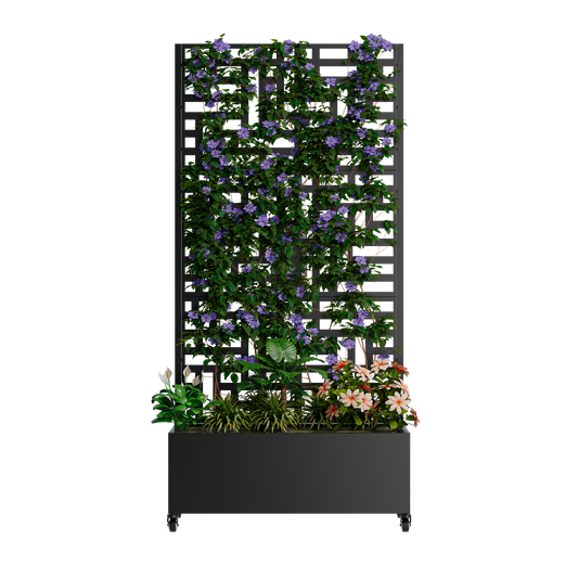 Metal Planter Box With Trellis, 73 X35 X16 Metal Raised Garden Bed With Trellis, Metal Planter Box With Drainage Holes & Lockable Wheels & Privacy Screen For Climbing Plants, Vegetables, Vines