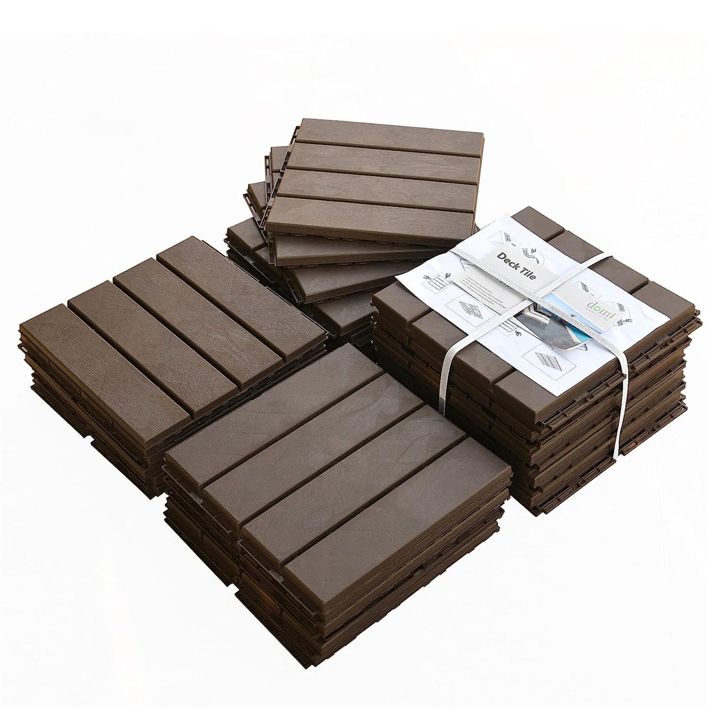 Patio Interlocking Deck Tiles, 12 X12  Square Composite Decking Tiles, Four Slat Plastic Outdoor Flooring Tile All Weather For Balcony Porch   Dark Brown, Pack Of 9
