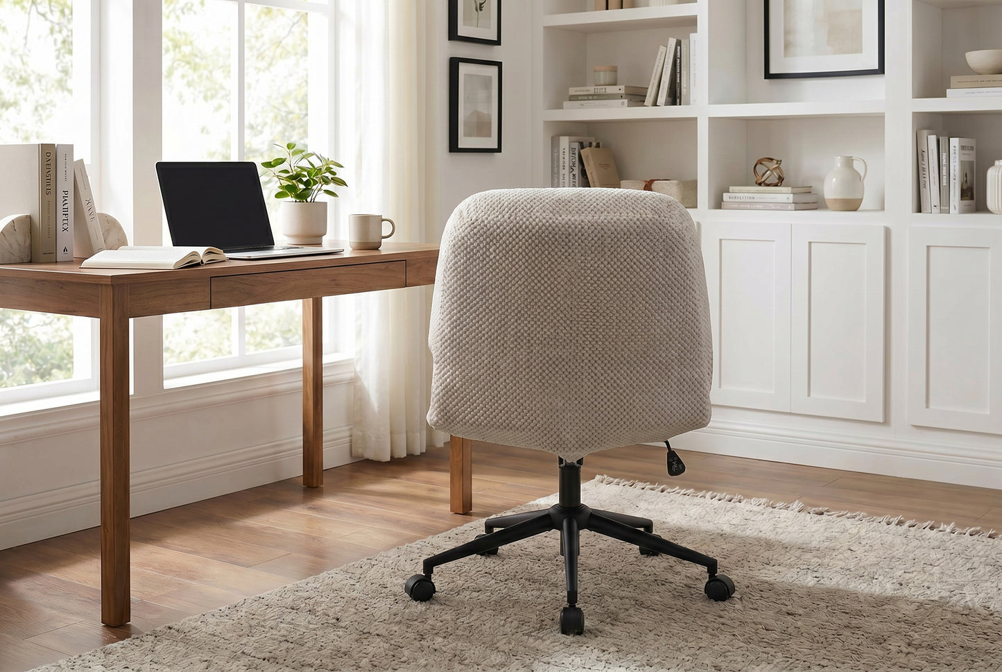 Cross Legged Office Chair No Arms, Adjustable Swivel Wider & Thickened, Ergonomic Desk Chair For Home Office, Vanity,White