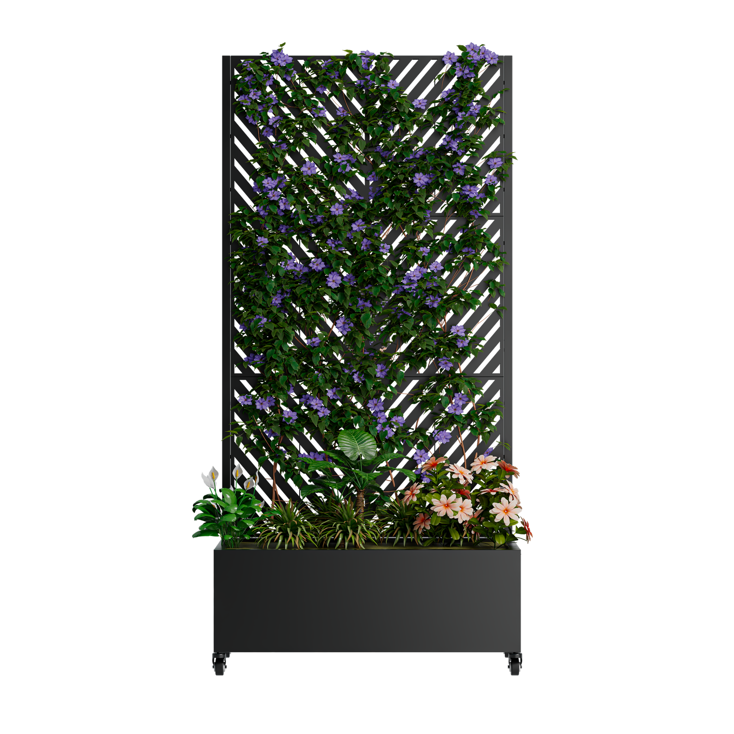 Metal Planter Box With Trellis,  73 X35 X16 Metal Raised Garden Bed With Trellis, Metal Planter Box With Drainage Holes & Lockable Wheels & Privacy Screen For Climbing Plants, Vegetables, Vines