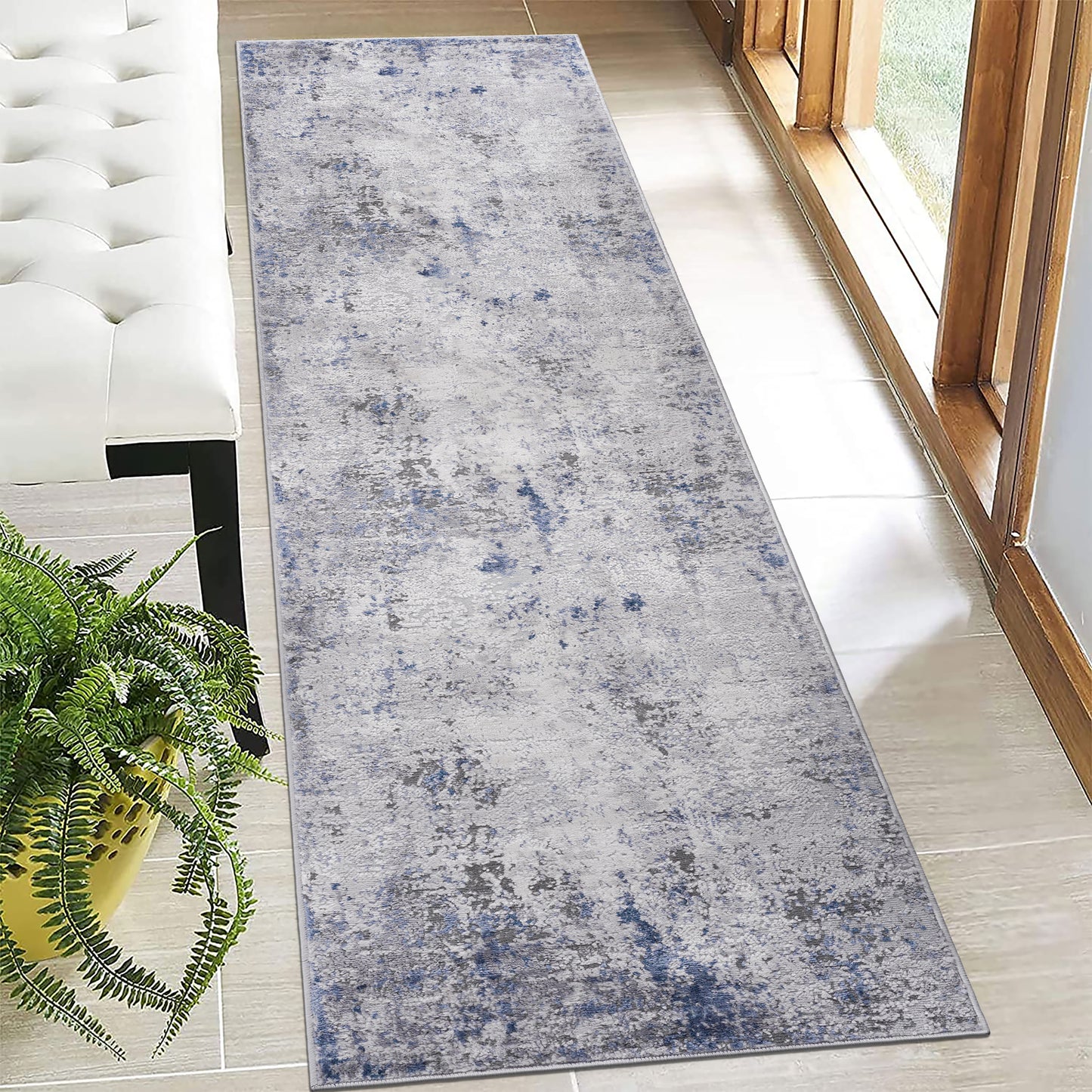 MARFI 2X8 Silver  Blue  Abstract Runner Rug