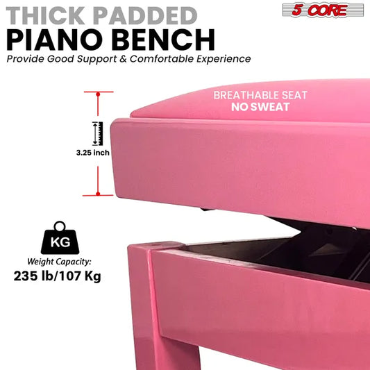 5 Core Adjustable Piano Bench Thick 3.25" Solid Wood Keyboard Stool Heavy Duty Musician Chair