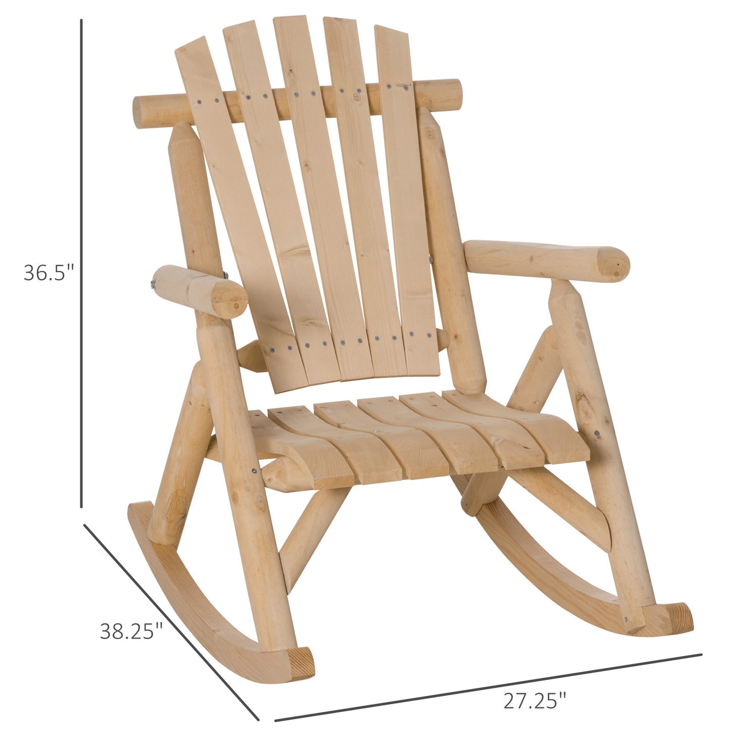 Outdoor Wooden Rocking Chair, Single-Person Rustic Adirondack Rocker With Slatted Seat, High Backrest, Armrests For Patio, Garden And Porch, Natural