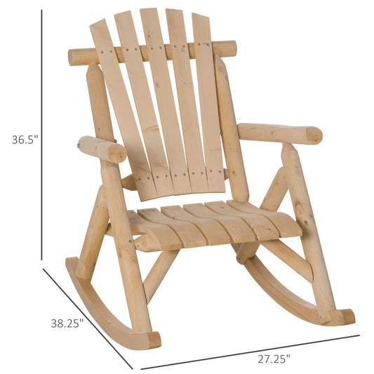 Outdoor Wooden Rocking Chair, Single-Person Rustic Adirondack Rocker With Slatted Seat, High Backrest, Armrests For Patio, Garden And Porch, Natural