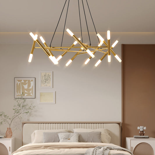 41  Golden Modern Chandelier Light Fixture, Branch Design With Frosted Tubes, Black Cords, Adjustable Height Pendant Light For Dining Room, Living Room, Or Kitchen Island Bulb Not Included