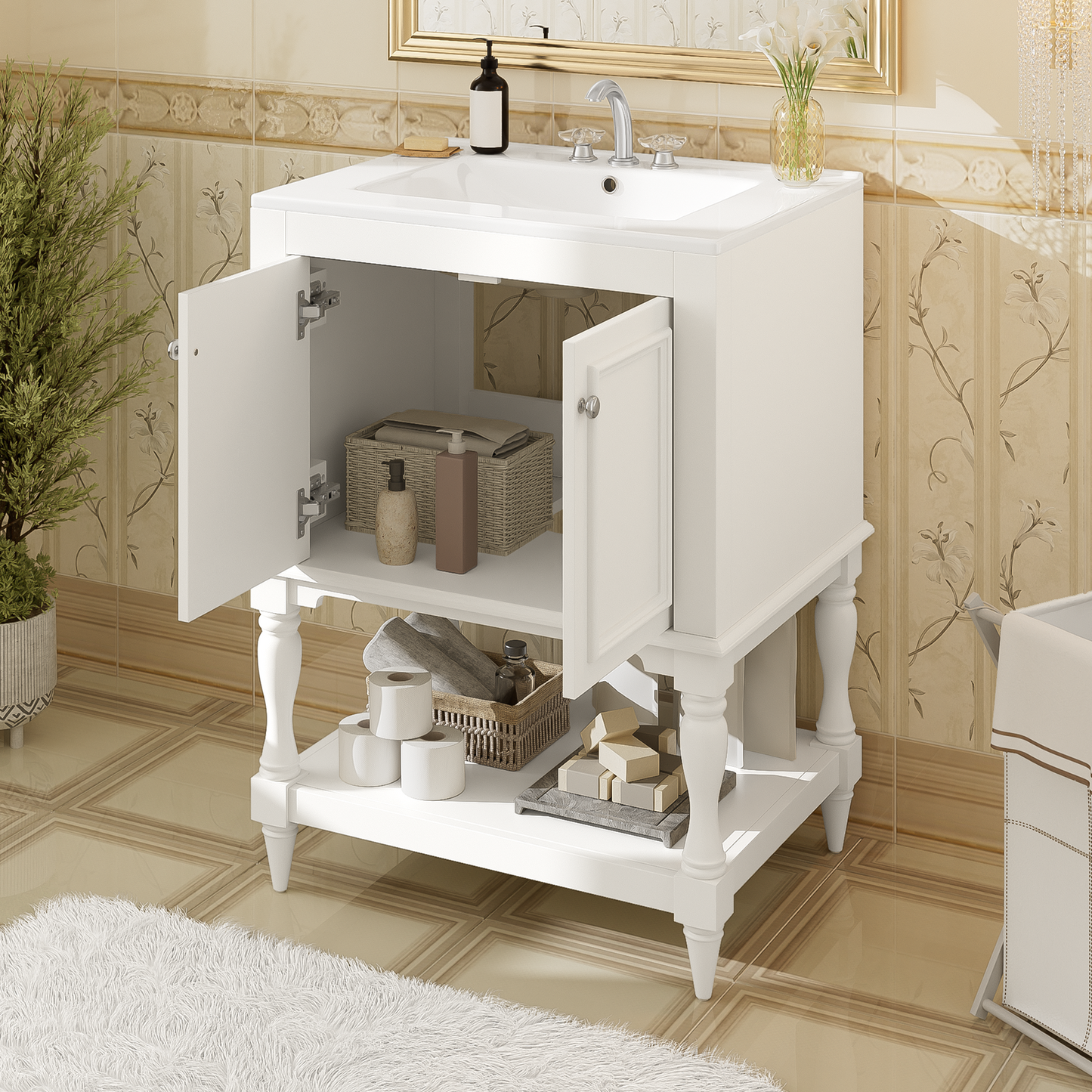24 Inch Modern Luxury Bathroom Vanity With Ceramic Sink, Bathroom Cabinet With Open Shelf And Closed Storage