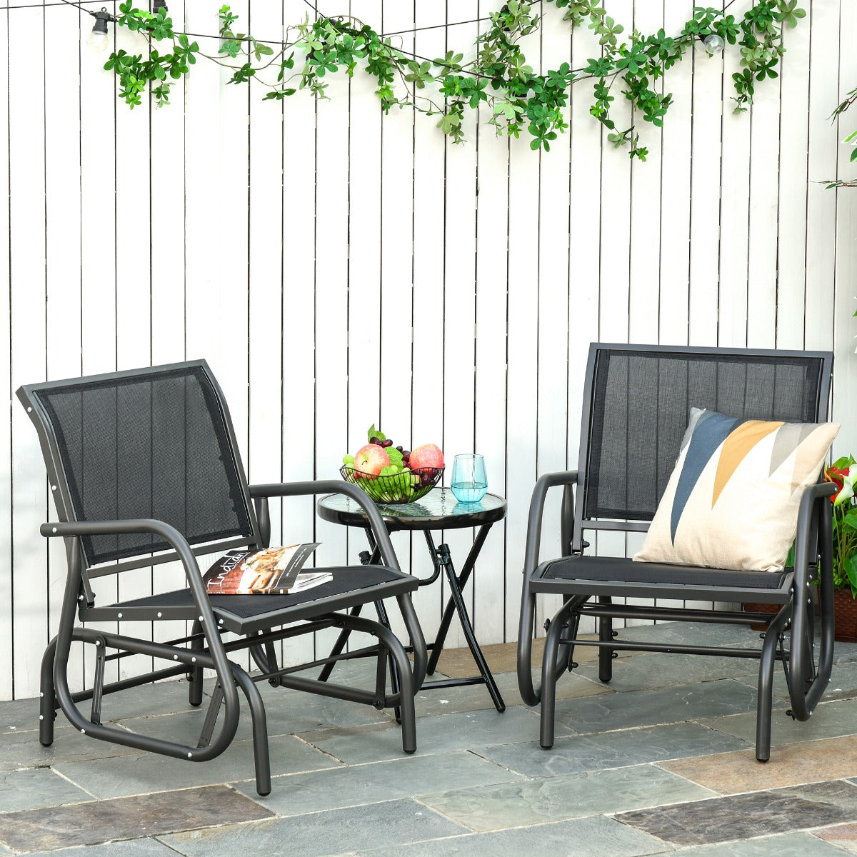 2-Piece Outdoor Glider Swing, Rocking Chair Set With Breathable Mesh Fabric, Sturdy Durable Frame, Curved Armrests, Supports Up To 264 Lbs., For Backyard, Garden, Porch, Black