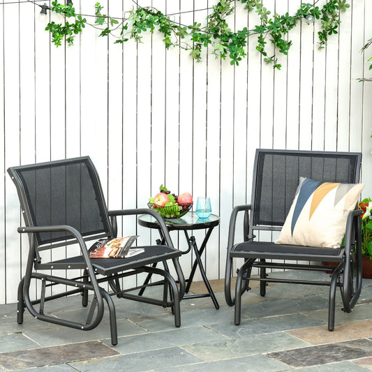 2-Piece Outdoor Glider Swing, Rocking Chair Set With Breathable Mesh Fabric, Sturdy Durable Frame, Curved Armrests, Supports Up To 264 Lbs., For Backyard, Garden, Porch, Black