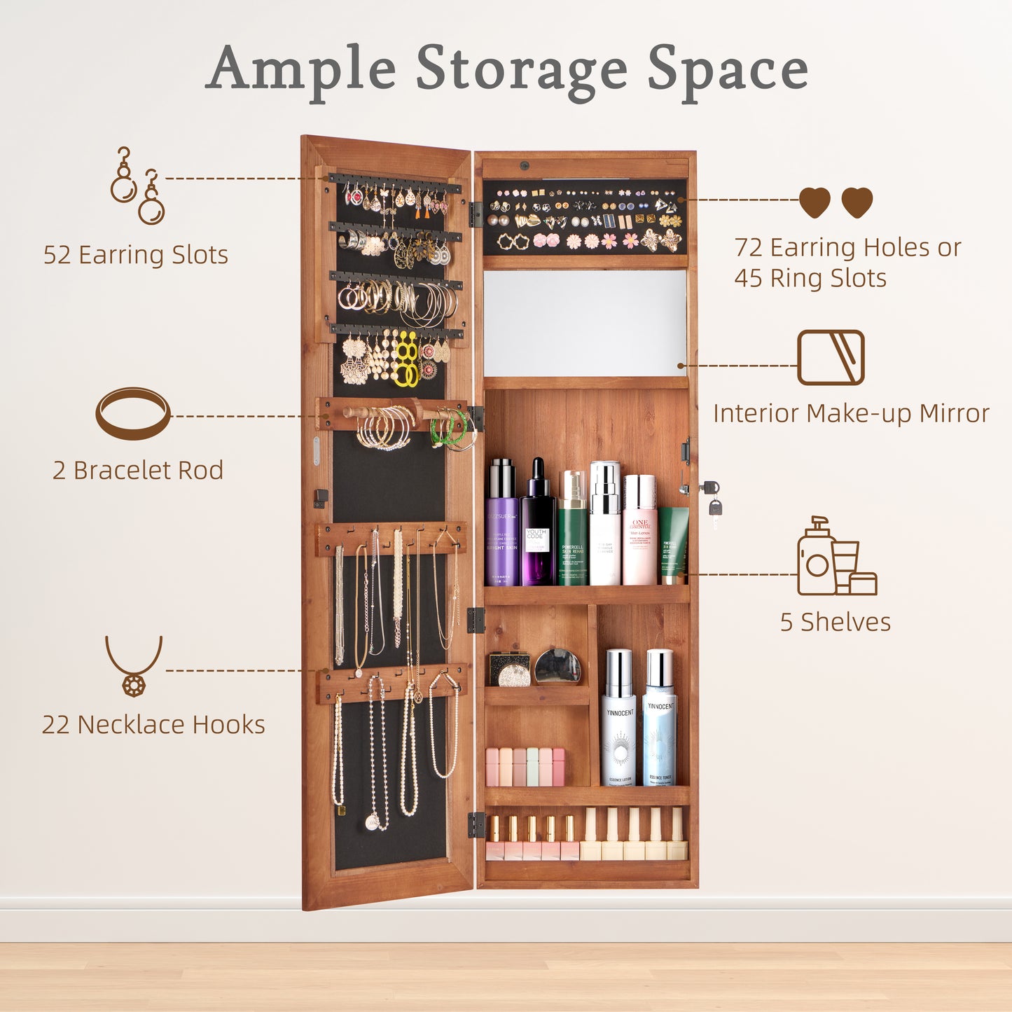 Solid Wood Jewelry Armoire Organizer Cabinet With Full-Length Mirror, 47.5x14.3 In Wall-Mounted Lockable With LED Light