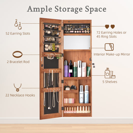Solid Wood Jewelry Armoire Organizer Cabinet With Full-Length Mirror, 47.5x14.3 In Wall-Mounted Lockable With LED Light