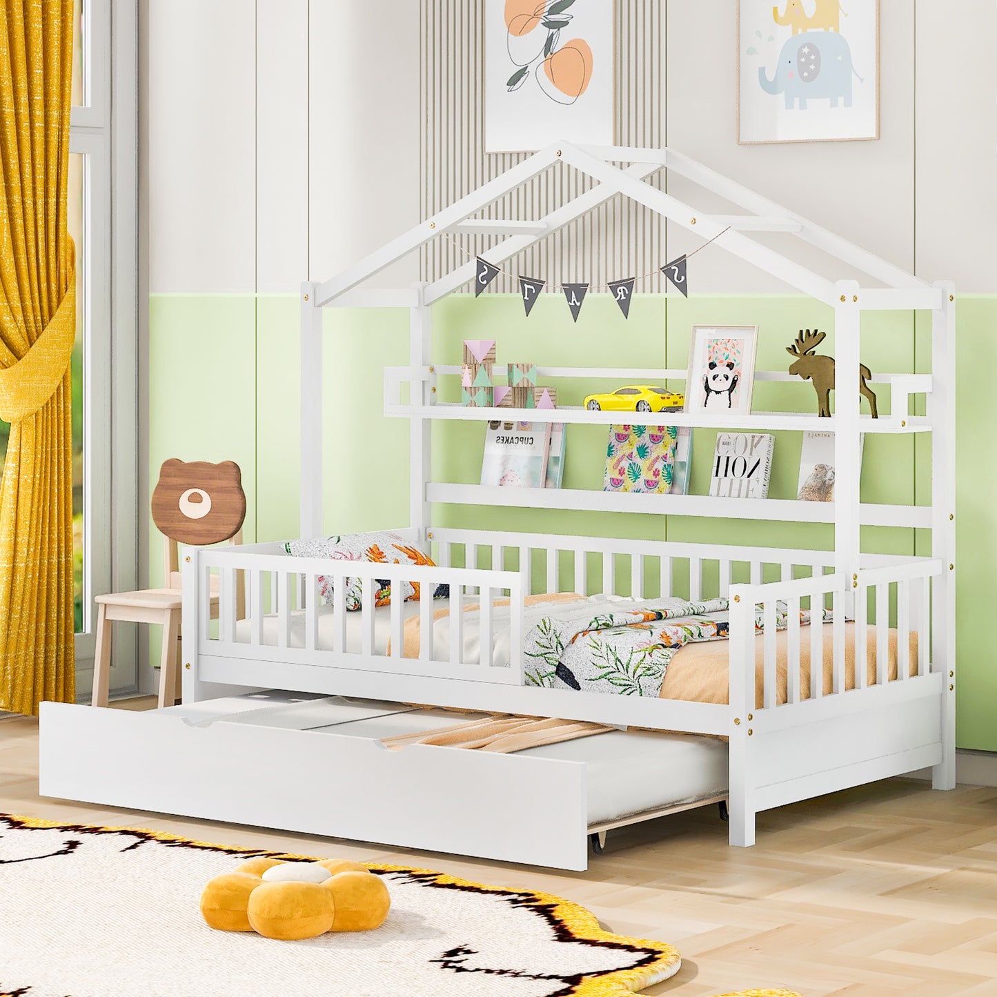 Wooden Twin Size House Bed With Trundle,Kids Bed With Shelf, White Old SKU WF301682AAK