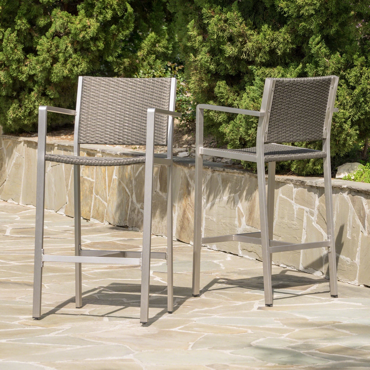 Outdoor 29.50 Rust-Proof Aluminum Barstools With PE Rattan Seat And Backrest, Set Of 2, Silver & Grey