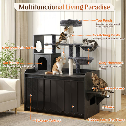 50.6 Cat Tree With Litter Box Enclosure, Cat Tower With Sisal Scratching Post And Storage Space, Hidden Litter Enclosure Furniture, All-in-One Modern Cat Condo With House, Hammock And Perch, Black