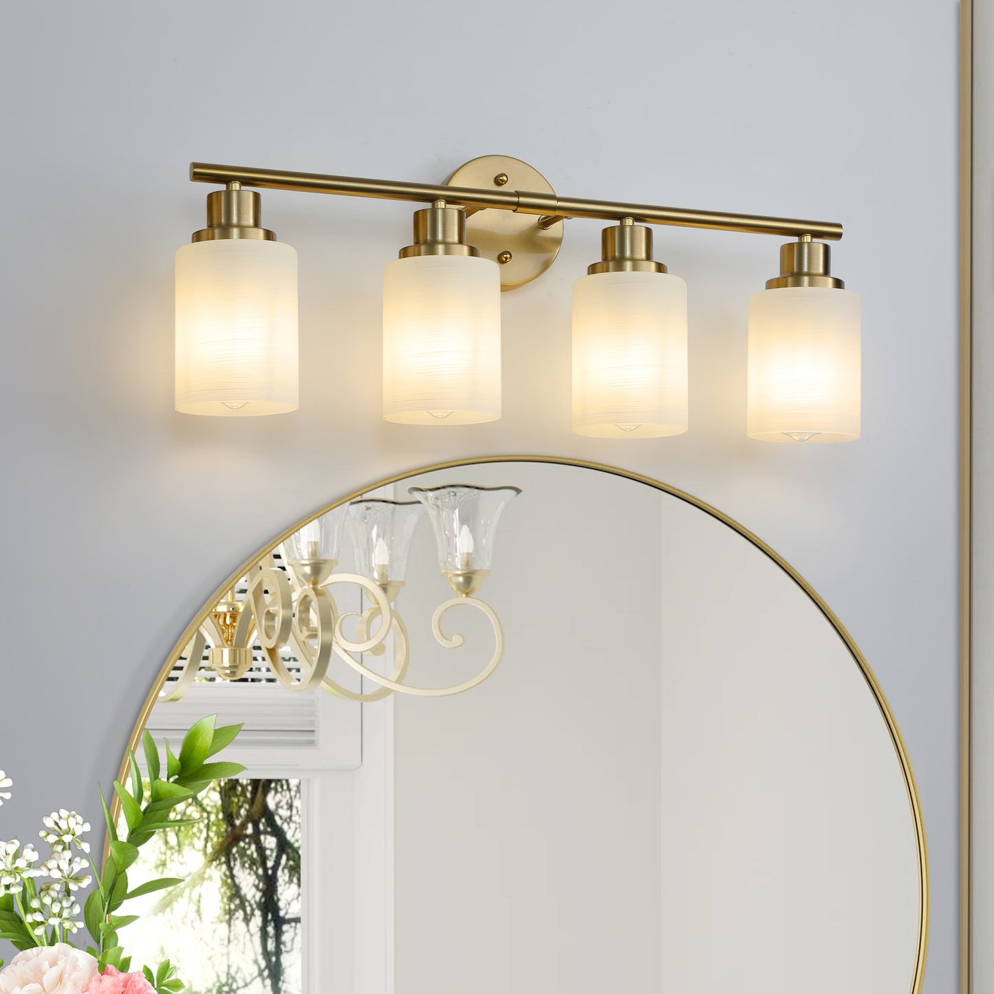 24  Modern 4-Light Vanity Wall Sconce, Golden Finish With Frosted Glass Shades For Bathroom Or Hallway Lighting  No Bulbs
