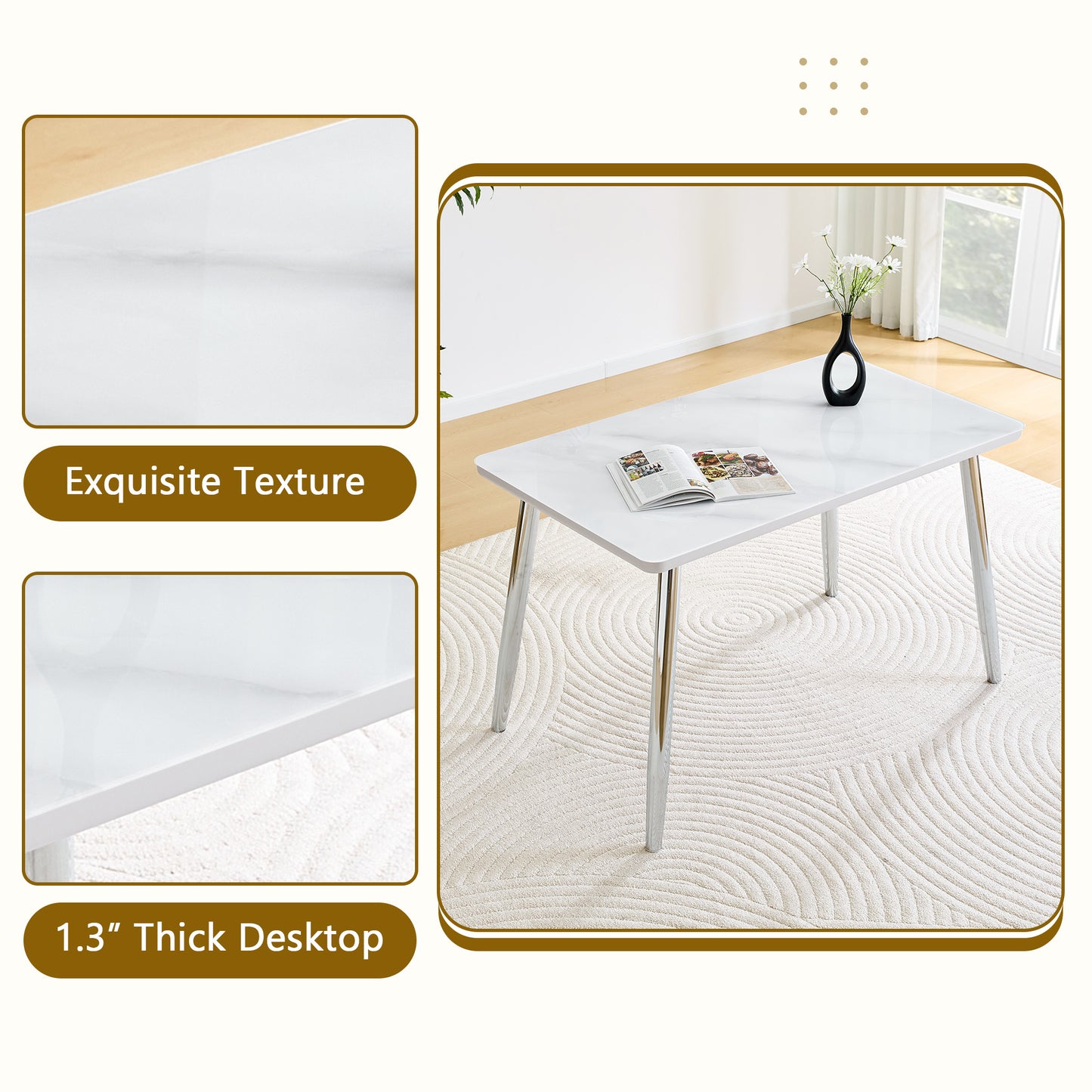 Modern Minimalist Rectangular Dining Table,suitable For 4-6 People.Tempered Glass Countertop Lower MDF Board,imitation Marble Texture,silver Metal Tapered Legs.Suitable For Minimalist Restaurants.