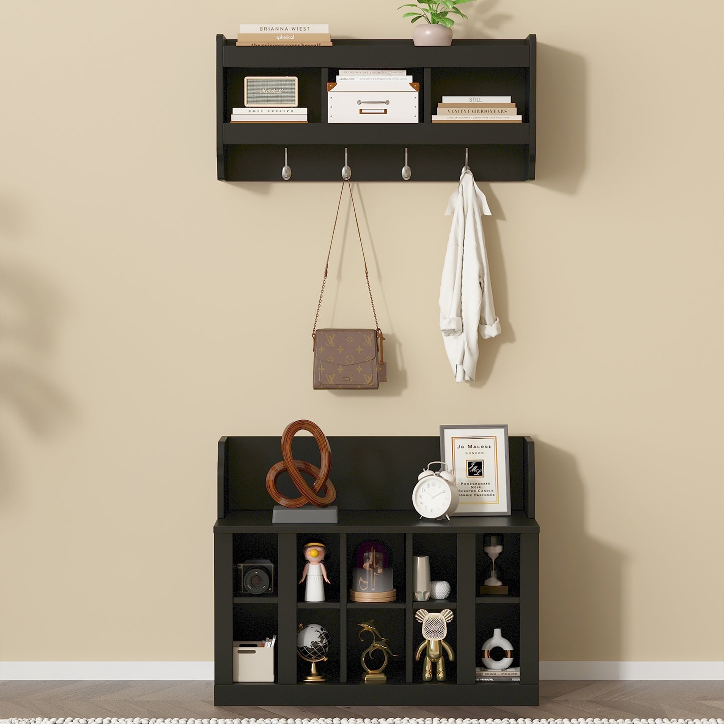 ON-TREND Shoe Storage Bench With Shelves And 4 Hooks, Elegant Hall Tree With Wall Mounted Coat Rack, Entryway Organizer For Hallway, Foyer, Mudroom, Black